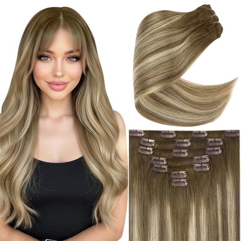 Ve Sunny Clip in Hair Extensions Real Human Hair Balayage Brown with Blonde Clip in Extensions for Women Real Hair Extensions Clip in Human Hair 14inch 100g